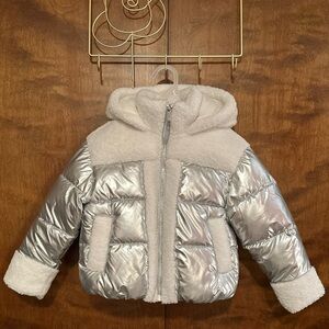Sam Edelman Mixed Media Winter Puffer Coat Big Girls 5/6 Metallic w/ Sherpa Trim